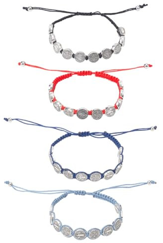 ANATTASOUL 4 Stück Benedikt-Medaillen-Armband, Segensarmband Für Frauen, Verstellbares Kordel-Madel-Armband, Handgefertigtes Benediktiner-San-Benito-Armband, Geflochtenes Rotes Schnur-Armband