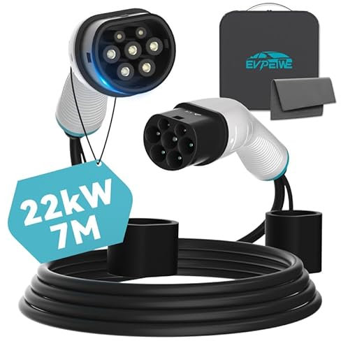 EVPEIWE 22kW 32A Tipo 2 Cable de Carga para Coche Eléctrico Trifásico 7 Metros Tipo 2 a Tipo 2 Cargador EV Cable para Vehículos Eléctricos IEC 62196-2 & PHEV con Bolsa de Transporte, IP55
