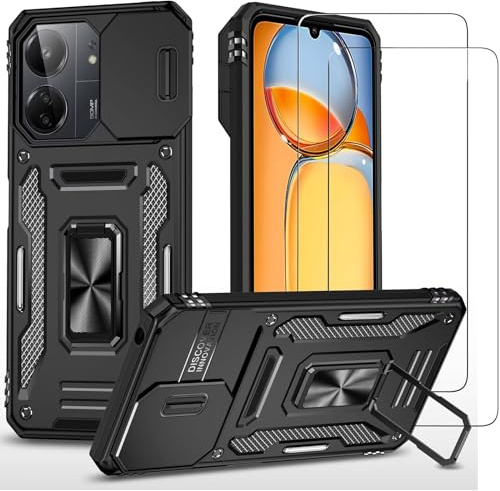Jeelar ESONG Funda Protectora para Xiaomi Redmi 13C,con[2 Protector de Pantalla][Cubierta de Cámara Deslizante][Protección contra Caídas de Grado Militar][Soporte magnético para automóvil]-Negro