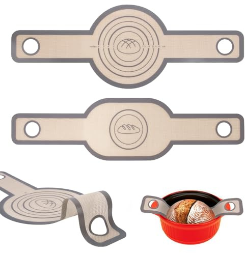 Philorn Bakmatta i silikon för Dutch Oven 2 stycken, återanvändbar brödbakmatta silikonmatta anti-haf och lätt att rengöra med extra långa handtag oval och rund