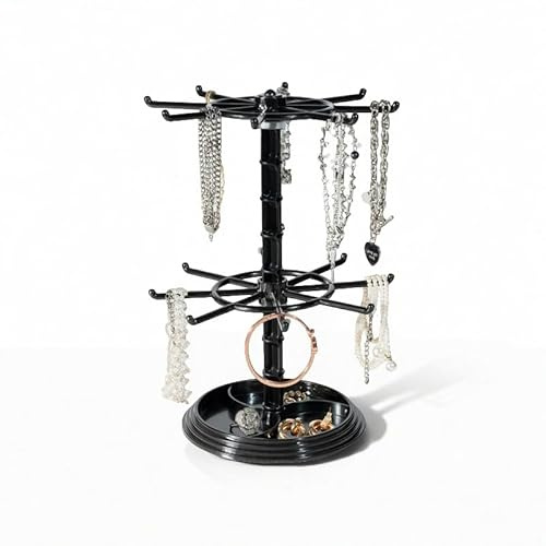 Cchenxxi 2 Tier Rotating Jewelry Display Stand, Necklace Holder, Jewelry Tree Stand, DIY Organizer for Bracelets, Necklaces, Earrings, Rings, Watches (Black)