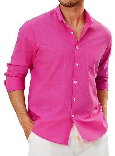 Enlision Camisas Lino Fucsia Hombre Manga Larga Verano Camisa Rosa Hombres de Algodon Cuello Mao Casual Henley Shirts Elegantes Playa Boda L