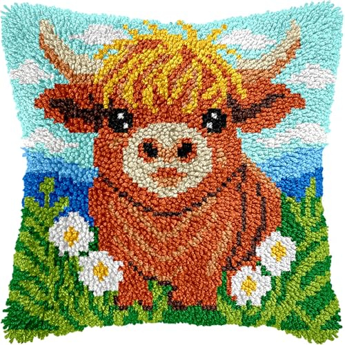 veirousa Highland Cow Latch Hook Kits for Adults Beginners, Pre-Printed Animal Latch Hook Pillow Kit, Craft Rug Making Kits, DIY Embroidery Cushion for Home Sofa Decor & Gift Idea 17x17 Inch