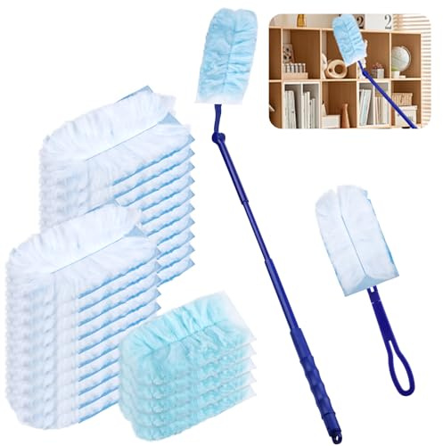 25 recambios de plumero para imán de polvo flash, recambios de imán de polvo azul con 1 mango y 1 poste telescópico, plumero esponjoso desechable para limpieza, bloquea el polvo, la suciedad y el