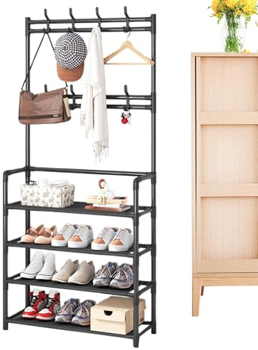 Étagère à vêtements et chaussures - Organisateur de penderie, crochets à chapeaux, porte-vêtements | Porte-vêtements pour entrée, organisateur de rangement pour vestes, chapeaux, chaussures et