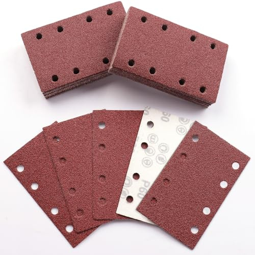 Sruhrak 50 Piezas 80x133mm Lijas para Lijadora, 60 Grano Rectangulares Papel de Lija 8 Agujeros Hojas de Lija para Rectangulares Lijadoras y Lijadora Orbital