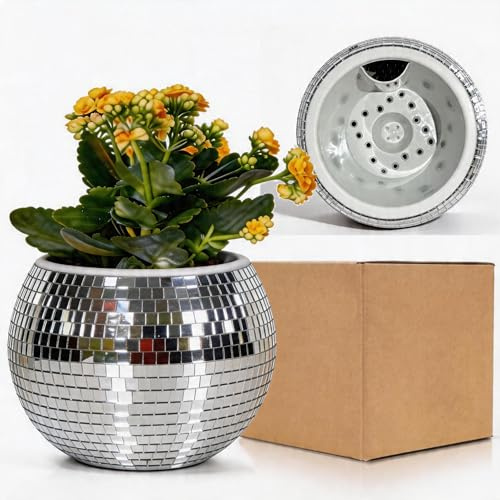 Boule Disco Plante Pot,Disco Boule Facette Pot de Fleur,Cache Pot Boule Disco,Disco Jardiniere,Bol Disco,Vase Disco,Paillettes Argenté Mosaique Miroir Verre Disco Decor pour Cactus Succulent,4*5*5IN