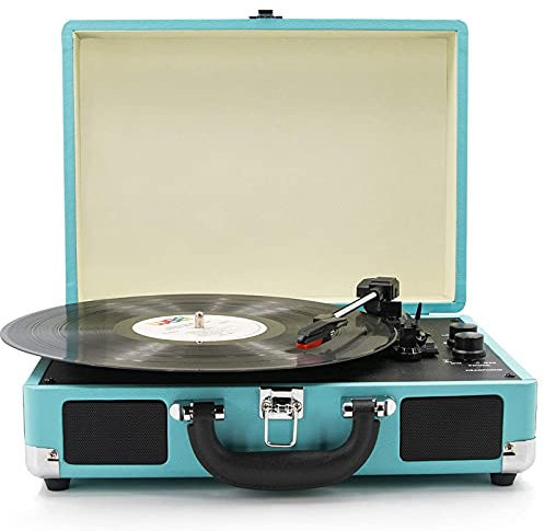 SGKOMN Tourne-Disque phonographe, Tourne-Disque Vinyle Bluetooth 3 Vitesses, Haut-parleurs stéréo intégrés, entrée auxiliaire/USB, Prise Casque et Sortie RCA, Valise Portable, D
