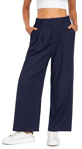 Timuspo Palazzo Pantaloni Donna Business Tessuto Waffle Eleganti Casual Comodi Vita Alta con Elastico Taglio Ampio Gamba Larga Tempo Libero, Blu mare, S petite