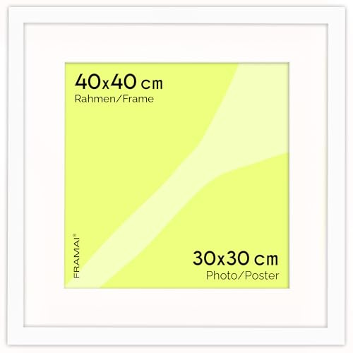 FRAMAI® Bilderrahmen 40x40 cm in Weiß – mit Passepartout – MDF Holzrahmen, bruchsicheres Plexi, umweltfreundlich, mit Aufhängung & Ständer – Hochformat & Querformat