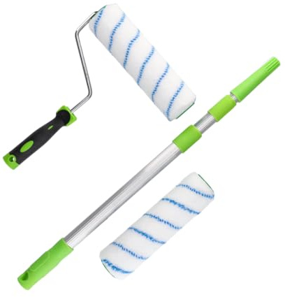 ToolSpace Rullo da Pittura – 2x Rulli 25 cm con Asta Telescopica Leggero 130 cm 1x Impugnatura Applicatore Assorbente per Murale Domestico Pareti Soffitti Lavori di Ristrutturazione – Poliammide