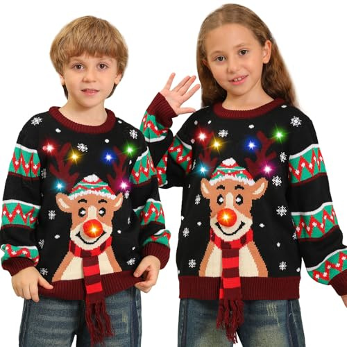 Kouric Christmas Jumper Kids,Boys Girls Light Up Christmas Jumpers,Unisex Funny Novelty Reindeer Led Flashing Ugly Christmas Sweater,Best Festive Tacky Rude Matching Xmas Jumper for Children 4-13years