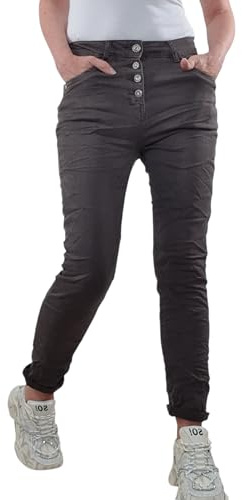 Karostar Dam stretch jeans | boyfriend byxor med dekorativa smyckesknappar | Mid Rise 5 fickor denim byxor, choklad, M
