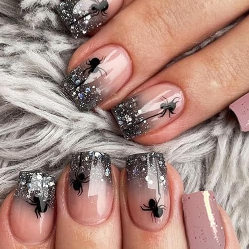24 Stück Press on Nails Künstliche Nägel Kurz - Schwarze Glitzer Nails mit Spinnennetz, Fake Nails zum Aufkleben Full Cover Acrylnägel für Frauen Mädchen Halloween Nail Art Maniküre (Schwarz Glitzer)