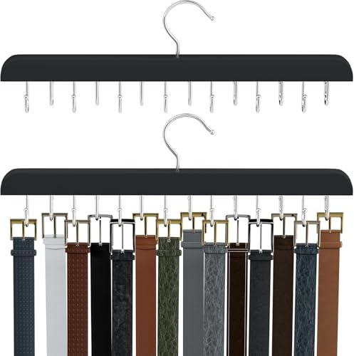 Mayhug Paquete de 2 ganchos para cinturón para armario con 14 ganchos, organizador de cinturón, accesorios de armario, estante de cinturón de madera resistente para armario Max 42 cinturones, colgador