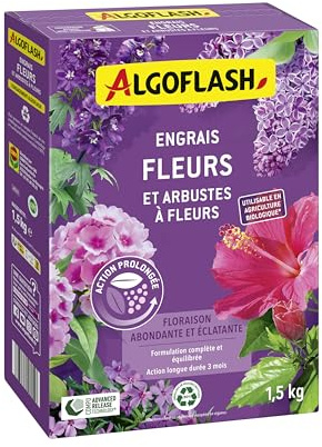 Algoflash Engrais Fleurs et Arbustes à Fleurs, Utilisable en Agriculture Biologique - 1,5 Kg