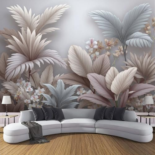 Carta da parati 150×105cm Fotomurali in Murale Decorazione da Muro Acquerello Foglie, Fotomurali Non Tessuto Semplice Strisce Piante Camera da Letto, Ristrutturazione di Pareti Grigio