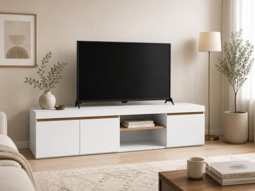 Homezzi TV-Schrank 160 cm Weiß Holzoptik, TV Lowboard Weiß, TV Board, Fernsehschrank, mit 3 Türen und einem offenen Fach. Modernes TV Board/Fernsehtisch/Lowboard für Wohnzimmer