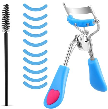 WLLHYF Wimpernzange-Set aus Metall, professioneller Wimpernzange mit integriertem Kammauge und 10 Ersatz-Nachfüllpads für Frauen und Mädchen. Erhalten Sie dramatisch geschwungene Wimpern (Blau)