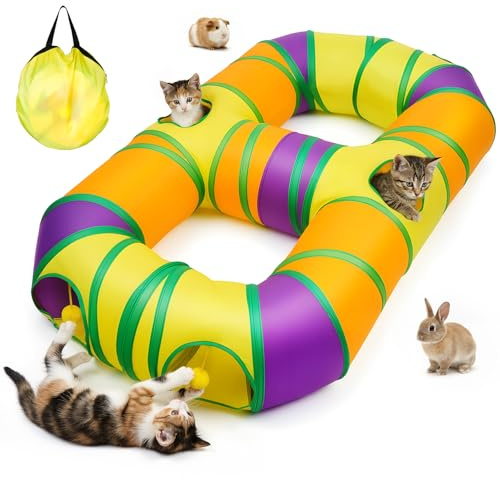 Katzentunnel 8-Geformt, zusammenklappbares Katzen-Spielhaus Katzenspielzeug mit hängenden Pompons und interaktiven Löchern für Kätzchen, Welpen, Kaninchen, Frettchen und Meerschweinchen