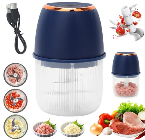 Umllpet Mini Zerkleinerer Elektrisch, 350 ml Elektrisch Gemüsezerkleinerer Zwiebelschneider, Klein Zwiebel Zerkleinerer für für Zwiebeln, Obst, Nüsse, Fleisch, Knoblauch, Babynahrung (Dunkelblau)