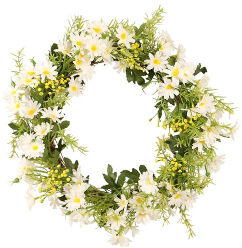 Faroby 14 Inch Front Door Wreath Artificial Silk Daisy with Green Leaves Farmhouse Spring