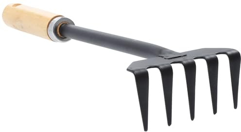 TOYANDONA Mini Râteau de Jardin Manuel 5 Dents en Fer Manche en Bois, Outil pour Ameublir et Labourer la Terre, Râteau à Gazon Compact pour Jardinage Précis et Entretien Extérieur