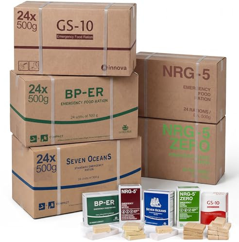 Notfallnahrung Großpaket 120 Einheiten - BP-ER, NRG-5, Seven Oceans & GS-10 + NRG-5 ZERO glutenfrei -24x pro Marke im Karton - Survival Food Set Langzeitnahrung 20 Jahre - Notvorrat Familie & Betrieb