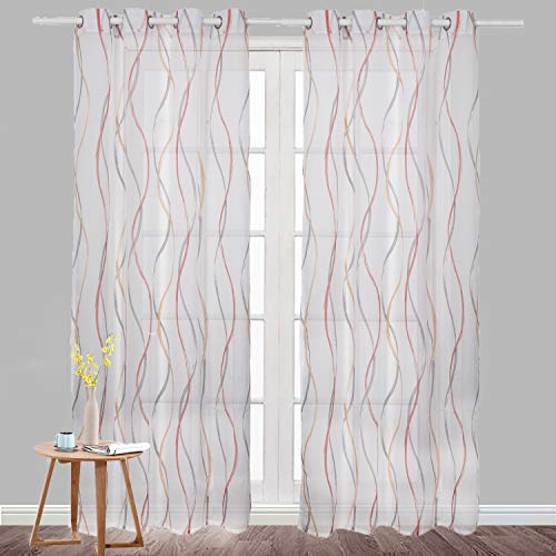 SIMPVALE Voile Vorhang Gardinenschal Wellen Druck Design Transparent Vorhänge Ösenschal Fensterschal Wohnzimmer Schlafzimmer 2er Set, Orange, 140x225cm