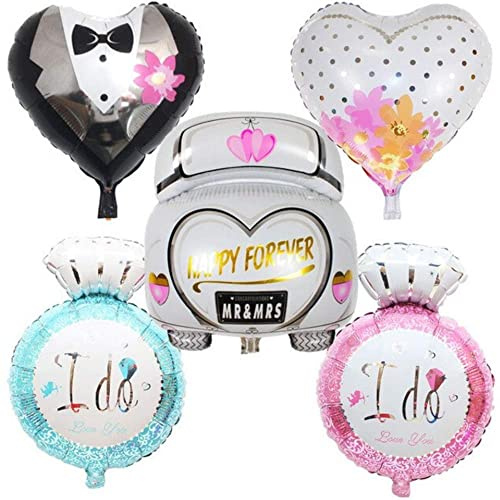 DIWULI HochzeitLuftballon 5 Stk Ballon-Set, Auto + Herz + Ring, Folien-Luftballon Herzform, Dekoration, Wedding Liebe