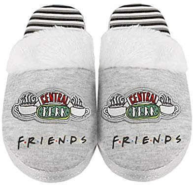 FRIENDS Central Perk Slippers for Women | Ladies Grey & White Fluffy F.R.I.E.N.D.S House Shoes | Polyester & Slip On with Grip Sole TV Show Gifts