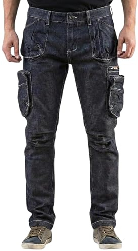 NEO TOOLS Herren Arbeitshose Denim, lang, 8 Pockets, Gr. XS-3XL, verstärkte Nähte, ausprofilierter Kniebereich, Mischgewebe 98% Baumwolle, 2% Elasthan 410 g/m2, Multifunktionstaschen, Cargo-Optik