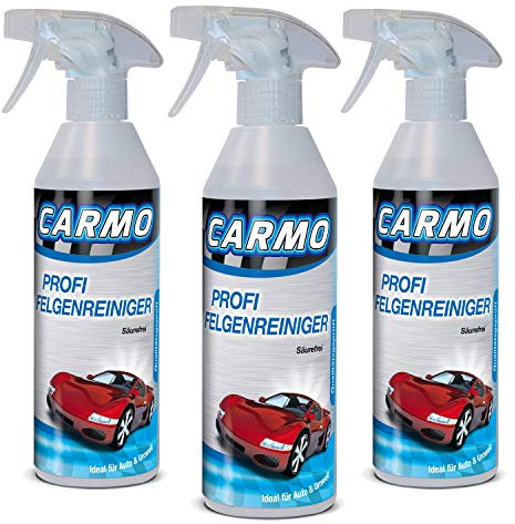 CARMO 3X Felgenreiniger | Reiniger ohne Säure | Mit Wirkindikator/Eisenindikator | Kfz Stahlfelgen, Leichtmetallfelgen, Alufelgen | Einzelflasche für mehrere Anwendungen | 500ml
