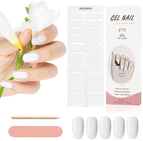 Kalolary 20PCS Gel Nagellack Aufkleber, Nagelsticker Full Wraps Nagelaufkleber UV/LED Lampe Erforderlich Cured Gel Nail Strips mit Nagelfeile und Stick für Frauen Mädchen (Solides weiss)