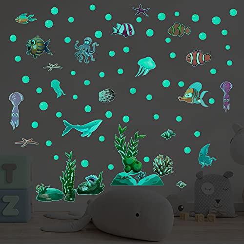 Alnicov 80 Stück Dekorative Fische Wandaufkleber Fische Seestern Muschel Wandornamente Wasserdicht Ozean Wandsticker Dekor für Home Office Wohnzimmer Wand Badezimmer WC (Luminous-Green)