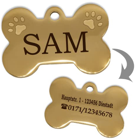 Ibera gifts - Hundemarke mit Gravur und personalisierte Hundemarke in Knochenform für sehr kleine Haustiere oder Welpen (Klein, 2 Pfoten, Gold)