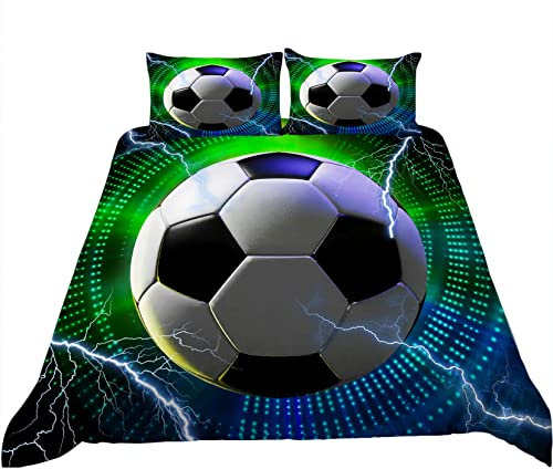 Tospass Bettwäsche Set 135x200cm Kinder Fußball 3D Bedrucktes Mädchen Jungen Jungs 2 Teilig Weich Kinderbettwäsche Blau Grün Microfaser Kuschelig Bettbezug mit Reißverschluss 1 Kissenbezug 80x80cm