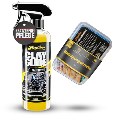 ShinyChiefs Reinigungsknete Set - Auto Lack Reinigungsknete und Gleitmittel | für Reinigungsknete - milde Knete für die Lackreinigung - Knetreiniger für Lack und Glas, 100g Knete, 500ml CLAY GLIDE