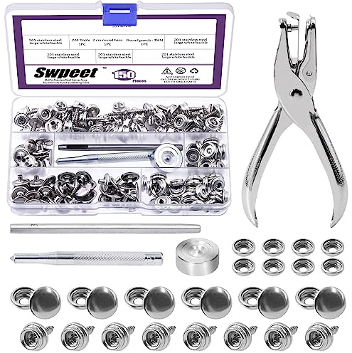 Swpeet 150Pcs Silber Snap Kit, Schraube Snaps, Boot Abdeckung Snaps mit Einstellung Werkzeug, verwendet auf Leinwand, Plane, Zelt, Markise, Kleidung, Leder, Möbel und andere Oberflächen, Edelstahl