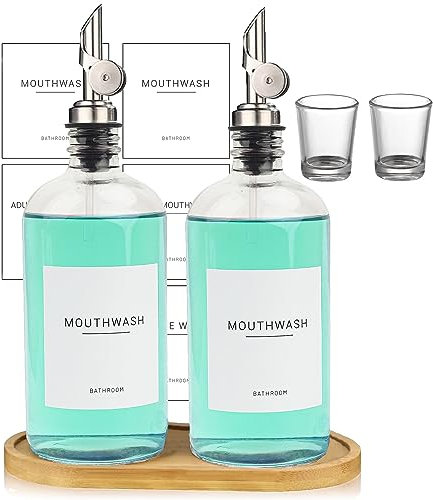 Ezebesta 480ml/16.23 Oz Glass Mouthwash Dispenser-Clear Glass Bottle with Pour Spout，Reusable Cup，Bamboo Tray，Refillable Boston Round Bottles-2Pack