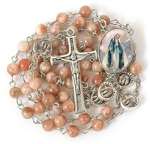 Nazareth Store Natursteinperlen mit wundersamen Epoxid-Herz-Metallperlen, Rosenkranz-Halskette, Edelstein, christliche Geschenke