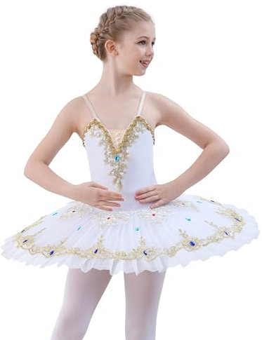 FONLAM Ballettkleid für Mädchen Tänzerin Kostüm Balletttrikot Tanzkleid Tanztrikot Ballettkleidung Besticktes Ballett Tutu Kinder (Weiß, 11-12 Jahre)