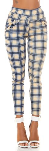 Koucla Pantalon business à carreaux taille haute avec barre décorative, Marine, S-M