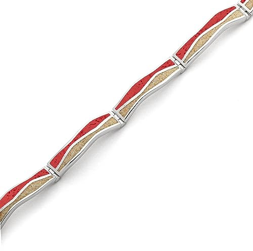 DUR - Schmuck A1825 Bracelet pour femme en forme de vague avec sable de plage et corail mosaïque rouge – Argent 925 rhodié – Fait main – 16,5 cm – Bijou maritime en argent, Länge: 165 mm, Breite: 7 mm