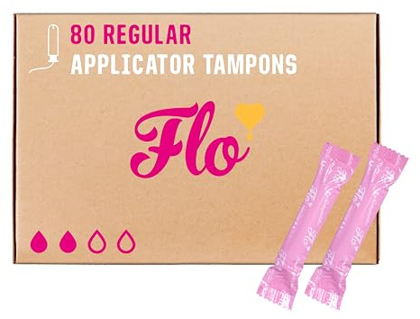 Flo - Organic Cotton Tampons for Women - 80 Pack (80 Regular Tampons) - Leak Proof - No Synthetic Fibers, Chlorine Bleach, or Added Dyes - Bio-Plastic Applicator - Feminine Care - Vegan & Cruelty Free