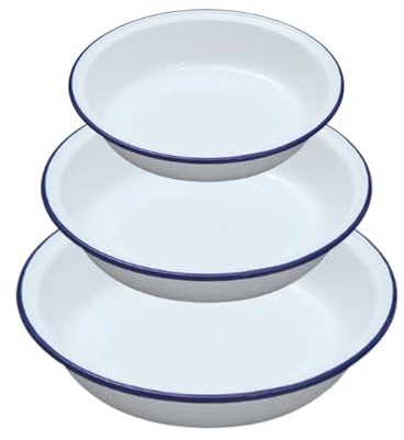 Falcon Lot de 3 plats à tarte en émail style shabby chic vintage – Blanc avec bord bleu – Lot de 3 (ronds – 18/20/22 cm)