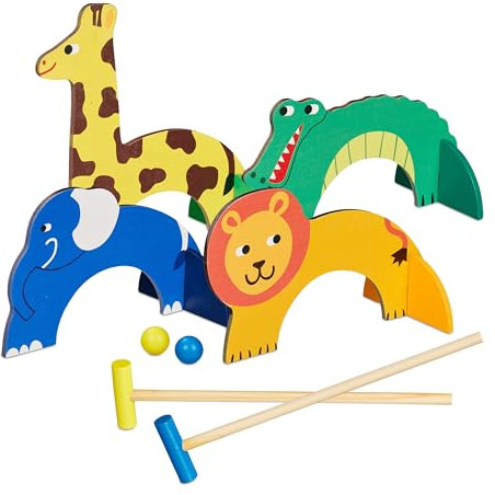 Relaxdays Krocket Spiel Kinder, 2 Spieler, Komplettset mit Schläger, Bällen & Toren, Tier-Design, Croquet Set Holz, bunt