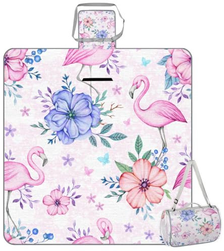 Mularoka Picknickdecke mit Flamingo-Blumenmuster, wasserdicht, sanddicht, faltbar, Stranddecke, 150 x 145 cm, extra groß, tragbar, waschbar, Outdoor-Matte für Camping, Park, Gras, Wandern, Reisen