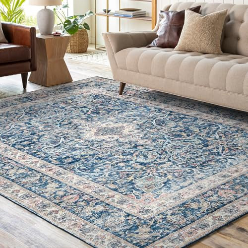 Fondream Rugs Living Room Large 160x230 cm Boho Vintage Area Rug Traditional Oriental Carpet Machine Washable Rugs Anti Slip Low Pile Rug Home Decor Office Carpet, Blue