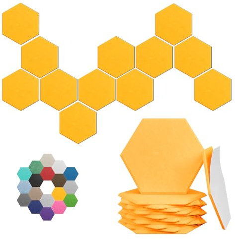Lot de 12 panneaux acoustiques hexagonaux à haute densité, 30,5 x 25,4 x 0,1 cm pour une meilleure réduction du bruit, design à faire soi-même, idée pour studios, bureaux et cinéma maison (orange)